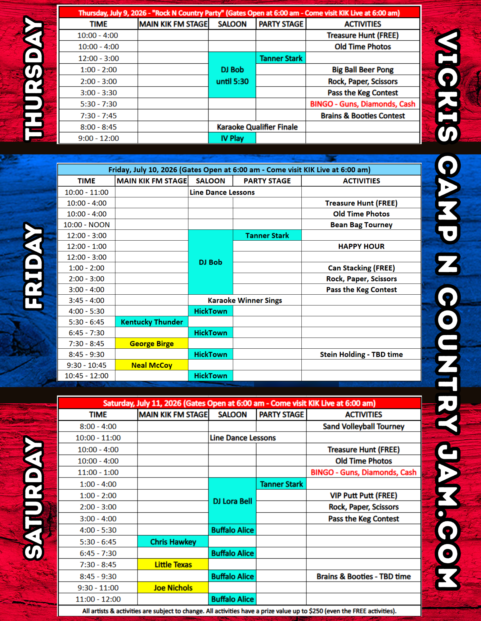 2026 Activities and Lineup Schedule